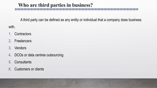 Who are third parties in business?
A third party can be defined as any entity or individual that a company does business
with.
1. Contractors
2. Freelancers
3. Vendors
4. DCOs or data centres outsourcing
5. Consultants
6. Customers or clients
 