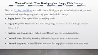 What to Consider When Developing Your Supply Chain Strategy
There are five key capabilities to consider that will help give you an inclusive view of your end-
to-end network when beginning to develop your supply chain strategy:
• Supply Sense: What’s possible in your supply chain
• Supply Response: Operations that make things happen, such as manufacturing and asset
management
• Deciding and Committing: Orchestrating/ Decide your end-to-end capabilities
• Demand Sense: Learning, knowing and monitoring what your customers want
• Demand Response: Order fulfillment processes that help give customers what they want
 