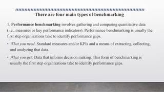 There are four main types of benchmarking
1. Performance benchmarking involves gathering and comparing quantitative data
(i.e., measures or key performance indicators). Performance benchmarking is usually the
first step organizations take to identify performance gaps.
• What you need: Standard measures and/or KPIs and a means of extracting, collecting,
and analyzing that data.
• What you get: Data that informs decision making. This form of benchmarking is
usually the first step organizations take to identify performance gaps.
 