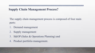 Supply Chain Management Process?
The supply chain management process is composed of four main
parts:
1. Demand management
2. Supply management
3. S&OP (Sales & Operations Planning) and
4. Product portfolio management.
 