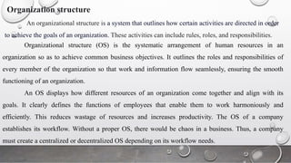 Organization structure
An organizational structure is a system that outlines how certain activities are directed in order
to achieve the goals of an organization. These activities can include rules, roles, and responsibilities.
Organizational structure (OS) is the systematic arrangement of human resources in an
organization so as to achieve common business objectives. It outlines the roles and responsibilities of
every member of the organization so that work and information flow seamlessly, ensuring the smooth
functioning of an organization.
An OS displays how different resources of an organization come together and align with its
goals. It clearly defines the functions of employees that enable them to work harmoniously and
efficiently. This reduces wastage of resources and increases productivity. The OS of a company
establishes its workflow. Without a proper OS, there would be chaos in a business. Thus, a company
must create a centralized or decentralized OS depending on its workflow needs.
 
