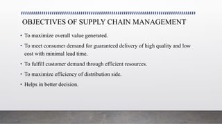 OBJECTIVES OF SUPPLY CHAIN MANAGEMENT
• To maximize overall value generated.
• To meet consumer demand for guaranteed delivery of high quality and low
cost with minimal lead time.
• To fulfill customer demand through efficient resources.
• To maximize efficiency of distribution side.
• Helps in better decision.
 
