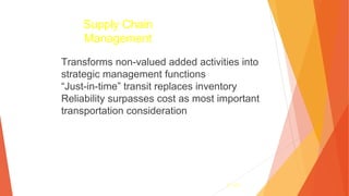 3- 150
Supply Chain
Management
Transforms non-valued added activities into
strategic management functions
“Just-in-time” transit replaces inventory
Reliability surpasses cost as most important
transportation consideration
 