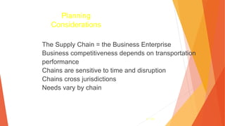 3- 159
Planning
Considerations
The Supply Chain = the Business Enterprise
Business competitiveness depends on transportation
performance
Chains are sensitive to time and disruption
Chains cross jurisdictions
Needs vary by chain
 