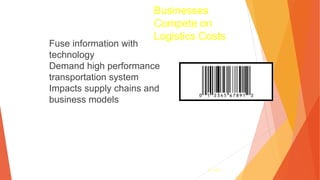 3- 160
Fuse information with
technology
Demand high performance
transportation system
Impacts supply chains and
business models
Businesses
Compete on
Logistics Costs
 