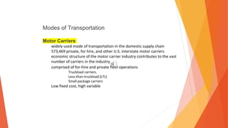 Modes of Transportation
Motor Carriers
widely used mode of transportation in the domestic supply chain
573,469 private, for hire, and other U.S. interstate motor carriers
economic structure of the motor carrier industry contributes to the vast
number of carriers in the industry
comprised of for-hire and private fleet operations
Truckload carriers.
Less-than-truckload (LTL)
Small package carriers
Low fixed cost, high variable
 