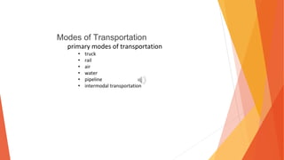 Modes of Transportation
primary modes of transportation
• truck
• rail
• air
• water
• pipeline
• intermodal transportation
 