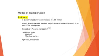 Modes of Transportation
Railroads
7 Class I railroads revenues in excess of $290 million
Activity levels have been achieved despite a lack of direct accessibility to all
parts of the supply chain
Railroads are “natural monopolies”
Two carrier types:
Linehaul
Shortline carriers
High fixed, low variable
 