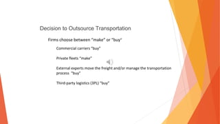 Decision to Outsource Transportation
Firms choose between “make” or “buy”
Commercial carriers “buy”
Private fleets “make”
External experts move the freight and/or manage the transportation
process “buy”
Third-party logistics (3PL) “buy”
 