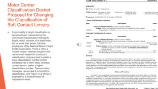 Motor Carrier
Classification Docket
Proposal for Changing
the Classification of
Soft Contact Lenses
▶ A commodity’s freight classification is
developed and maintained by the
Commodity Classification Standards
Board, which consists of at least three,
but no more than seven, full-time
employees of the National Motor Freight
Traffic Association. There is often a
natural tension between shippers and
carriers with respect to a product’s
classification; shippers tend to prefer a
lower classification number (which
translates into a lower rate), whereas
carriers tend to prefer a higher
classification number. Transportation
managers can appeal a commodity’s
classification, and Figure 13.2 shows a
proposal for a reclassification of
magnesium rakes..
 