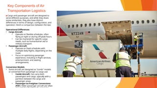 Key Components of Air
Transportation Logistics
▶Cargo and passenger aircraft are designed to
serve different purposes, and while they share
some similarities, they also have distinct
differences in terms of design, configuration, and
operation. Here’s a comparison between the two:
Operational Differences
• Cargo Aircraft:
• Operate on flexible schedules, often
flying at night or during off-peak hours.
• Can be chartered for specific cargo
needs, such as humanitarian aid or
military transport.
• Passenger Aircraft:
• Operate on fixed schedules with
multiple daily flights, depending on the
route.
• Focus on optimizing passenger
experience, including in-flight services,
entertainment, and seating
arrangements.
Conversion Models
• Some aircraft are designed as "combi" models
or converted from passenger to cargo use:
• Combi Aircraft: Can carry both
passengers and cargo, typically with a
partition between the cargo and
passenger areas.
• Passenger-to-Freighter Conversions
(P2F): Older passenger aircraft are often
 