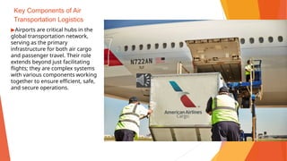 Key Components of Air
Transportation Logistics
▶Airports are critical hubs in the
global transportation network,
serving as the primary
infrastructure for both air cargo
and passenger travel. Their role
extends beyond just facilitating
flights; they are complex systems
with various components working
together to ensure efficient, safe,
and secure operations.
 