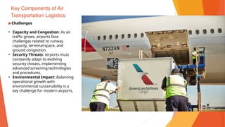 Key Components of Air
Transportation Logistics
▶Challenges
• Capacity and Congestion: As air
traffic grows, airports face
challenges related to runway
capacity, terminal space, and
ground congestion.
• Security Threats: Airports must
constantly adapt to evolving
security threats, implementing
advanced screening technologies
and procedures.
• Environmental Impact: Balancing
operational growth with
environmental sustainability is a
key challenge for modern airports.
 