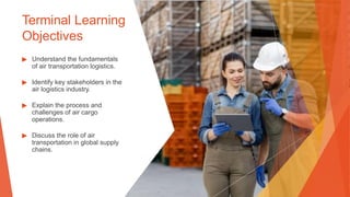 Terminal Learning
Objectives
▶ Understand the fundamentals
of air transportation logistics.
▶ Identify key stakeholders in the
air logistics industry.
▶ Explain the process and
challenges of air cargo
operations.
▶ Discuss the role of air
transportation in global supply
chains.
 