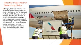 Role of Air Transportation in
Global Supply Chains
▶The growth of e-commerce has
led to a substantial increase in air
freight demand, driven by the need
for fast, reliable delivery of small
parcels. This shift has resulted in
expanded fulfillment networks,
technological advancements, and
new challenges in capacity and cost
management. Air cargo remains a
critical component of the e-
commerce ecosystem, enabling
swift and efficient global trade.
 