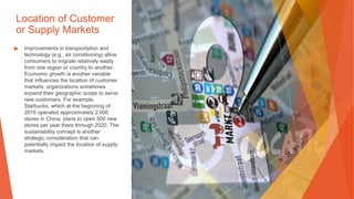 Location of Customer
or Supply Markets
▶ Improvements in transportation and
technology (e.g., air conditioning) allow
consumers to migrate relatively easily
from one region or country to another.
Economic growth is another variable
that influences the location of customer
markets; organizations sometimes
expand their geographic scope to serve
new customers. For example,
Starbucks, which at the beginning of
2016 operated approximately 2,000
stores in China, plans to open 500 new
stores per year there through 2020. The
sustainability concept is another
strategic consideration that can
potentially impact the location of supply
markets.
 