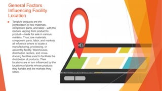 General Factors
Influencing Facility
Location
▶ Tangible products are the
combination of raw materials,
component parts, and labor—with the
mixture varying from product to
product—made for sale in various
markets. Thus, raw materials,
component parts, labor, and markets
all influence where to locate a
manufacturing, processing, or
assembly facility. Warehouses,
distribution centers, and cross-
docking facilities exist to facilitate the
distribution of products. Their
locations are in turn influenced by the
locations of plants whose products
they handle and the markets they
serve. This Photo by Unknown Author is licensed under CC BY-NC
 