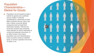 Population
Characteristics—
Market for Goods
▶ Population can be viewed as both a
market for goods and a potential
source of labor. Customer
considerations, particularly as they
affect customer service, play a key
role in where consumer goods
companies tend to locate their
distribution facilities. Planners for
consumer products pay extremely
close attention to various attributes of
current and potential consumers. In
an effort to learn more about
population size and characteristics,
many countries conduct a detailed
study, or census, typically once every
10 years or so.
 
