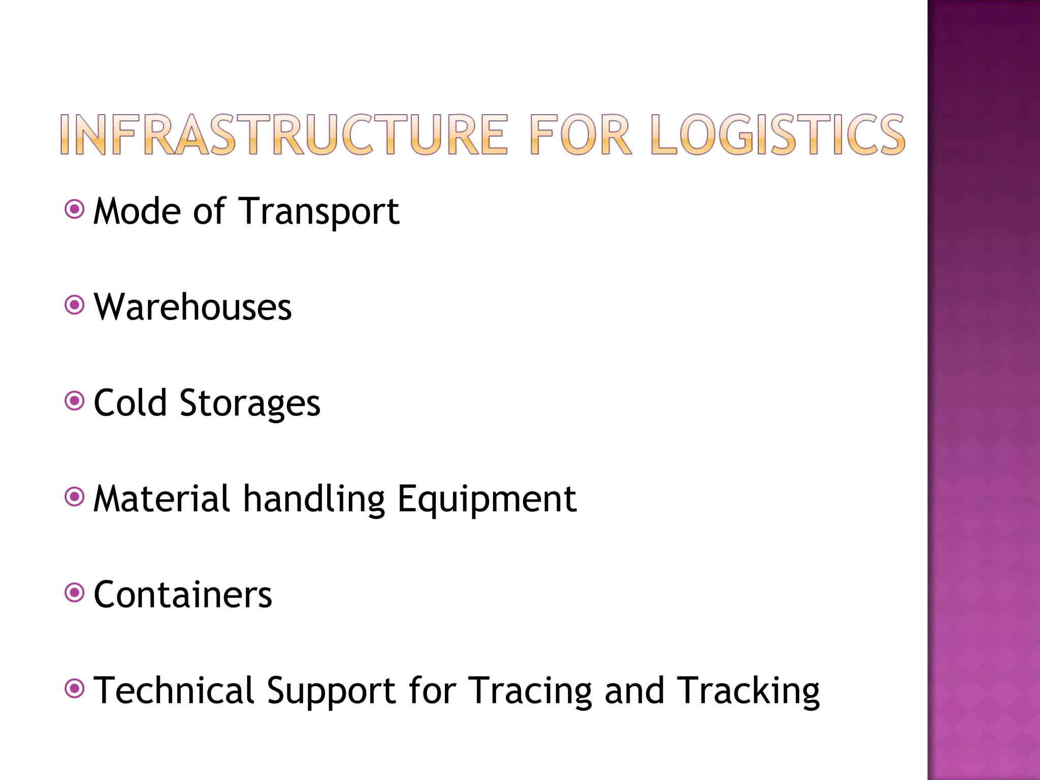 Mode of Transport Warehouses Cold Storages Material handling Equipment Containers Technical Support for Tracing and Tracking 