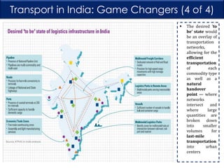 Transport in India: Game Changers (4 of 4)


The desired ‘to
be’ state would
be an overlay of
transportation
networks,
allowing for the
efficient
transportation
of
each
commodity type
as well as a
natural
handover
point — where
networks
intersect
and
where
large
quantities are
broken down
into
smaller
volumes
for
last-mile
transportation
into
urban
centers

 