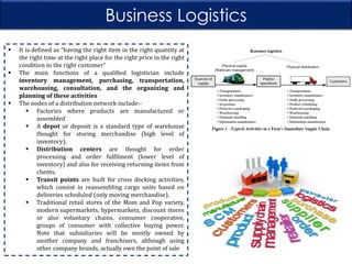 Business Logistics






It is defined as “having the right item in the right quantity at
the right time at the right place for the right price in the right
condition to the right customer”
The main functions of a qualified logistician include
inventory management, purchasing, transportation,
warehousing, consultation, and the organizing and
planning of these activities
The nodes of a distribution network include: Factories where products are manufactured or
assembled
 A depot or deposit is a standard type of warehouse
thought for storing merchandise (high level of
inventory).
 Distribution centers are thought for order
processing and order fulfilment (lower level of
inventory) and also for receiving returning items from
clients.
 Transit points are built for cross docking activities,
which consist in reassembling cargo units based on
deliveries scheduled (only moving merchandise).
 Traditional retail stores of the Mom and Pop variety,
modern supermarkets, hypermarkets, discount stores
or also voluntary chains, consumer cooperative,
groups of consumer with collective buying power.
Note that subsidiaries will be mostly owned by
another company and franchisers, although using
other company brands, actually own the point of sale

 