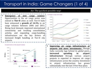 Transport in India: Game Changers (1 of 4)
Air: The quickest possible way!
 Emergence of new cargo centres:
Opportunities in the air cargo sector now
extend to Tier-II cities as well. Tier-II hubs
have witnessed a growth of 14.5% in air
cargo volumes between 2006 and 2011.
Rising local demand, improved international
connectivity and resulting consolidation
activity, and expanding cargo-handling
infrastructure are the key drivers of
increased freight handling at Tier-II city
airports
 Improving air cargo infrastructure at
airports and more investments: Though
India currently lags behind its global peers,
increased
spending
in
airport
infrastructure through various airport
projects is expected to improve air cargo
infrastructure across the country. Investment
in airport infrastructure has grown
substantially over the last 3 Five-Year plans

 