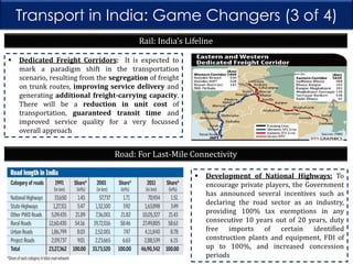 Transport in India: Game Changers (3 of 4)
Rail: India’s Lifeline


Dedicated Freight Corridors: It is expected to
mark a paradigm shift in the transportation
scenario, resulting from the segregation of freight
on trunk routes, improving service delivery and
generating additional freight-carrying capacity.
There will be a reduction in unit cost of
transportation, guaranteed transit time and
improved service quality for a very focussed
overall approach

Road: For Last-Mile Connectivity


Development of National Highways: To
encourage private players, the Government
has announced several incentives such as
declaring the road sector as an industry,
providing 100% tax exemptions in any
consecutive 10 years out of 20 years, duty
free imports of certain identified
construction plants and equipment, FDI of
up to 100%, and increased concession
periods

 