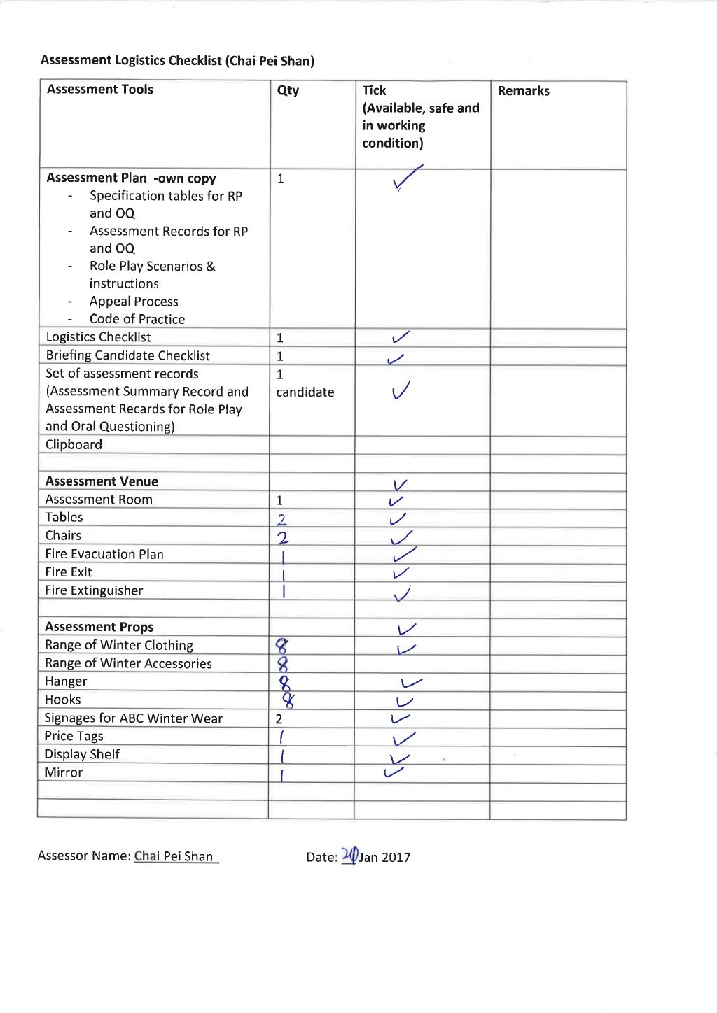 Logistics checklist (USED)