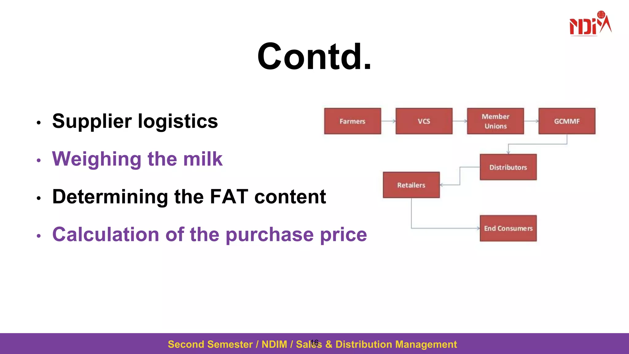 Second Semester / NDIM / Sales & Distribution Management
Contd.
• Supplier logistics
• Weighing the milk
• Determining the FAT content
• Calculation of the purchase price
16
 