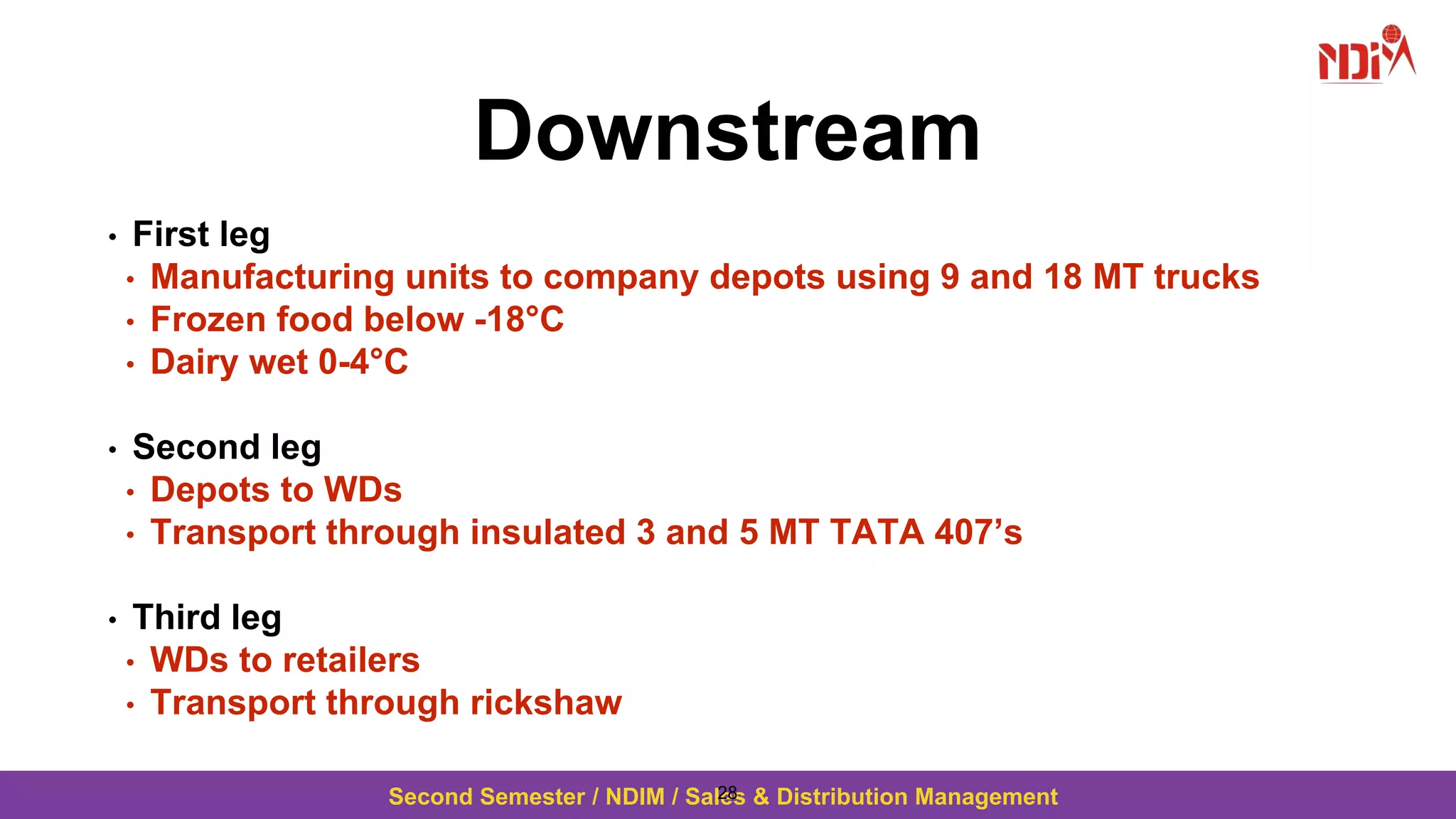 Second Semester / NDIM / Sales & Distribution Management
Downstream
• First leg
• Manufacturing units to company depots using 9 and 18 MT trucks
• Frozen food below -18°C
• Dairy wet 0-4°C
• Second leg
• Depots to WDs
• Transport through insulated 3 and 5 MT TATA 407’s
• Third leg
• WDs to retailers
• Transport through rickshaw
28
 