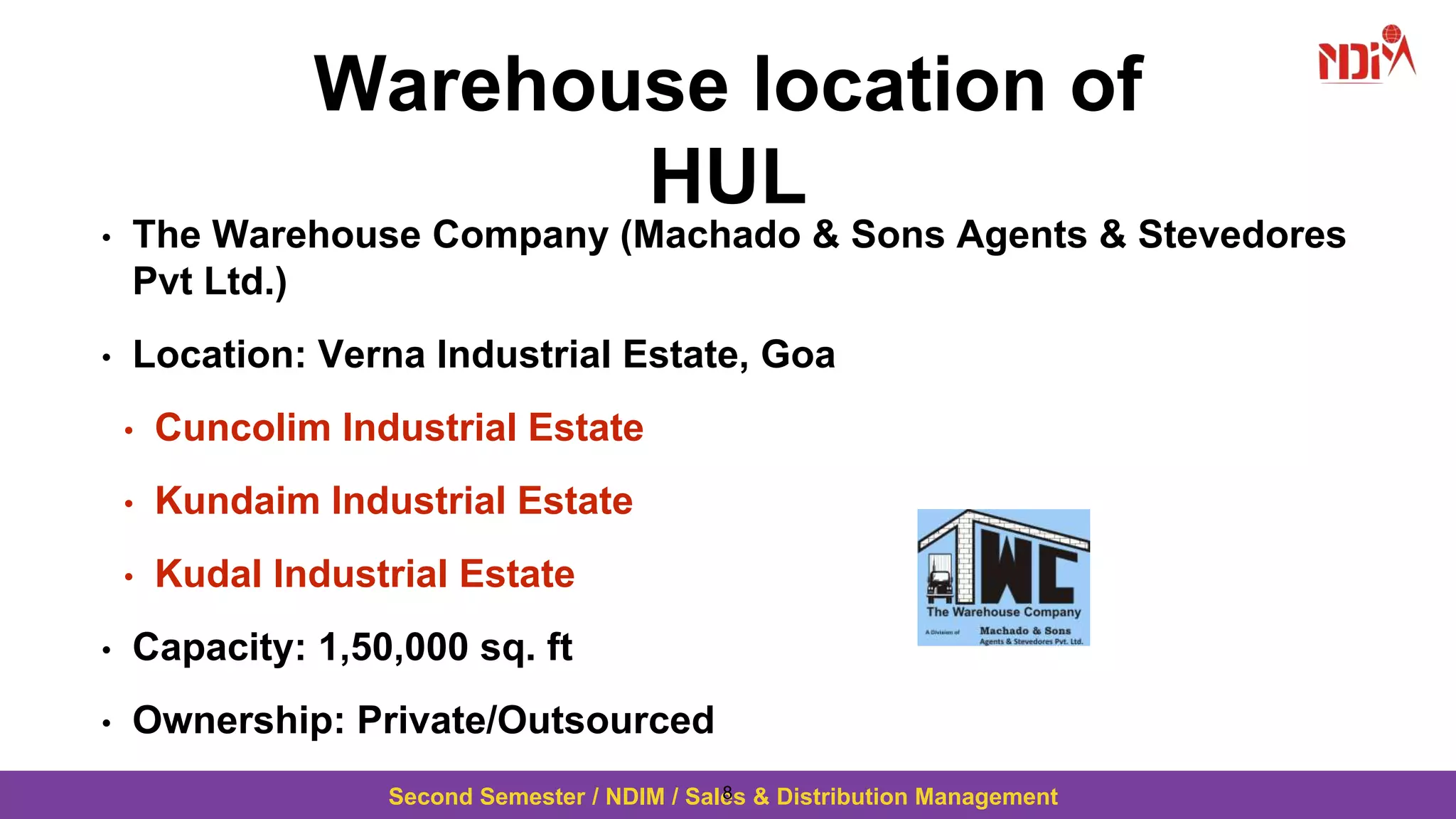 Second Semester / NDIM / Sales & Distribution Management
Warehouse location of
HUL
• The Warehouse Company (Machado & Sons Agents & Stevedores
Pvt Ltd.)
• Location: Verna Industrial Estate, Goa
• Cuncolim Industrial Estate
• Kundaim Industrial Estate
• Kudal Industrial Estate
• Capacity: 1,50,000 sq. ft
• Ownership: Private/Outsourced
8
 