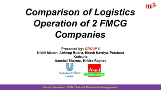 Second Semester / NDIM / Sales & Distribution Management
Comparison of Logistics
Operation of 2 FMCG
Companies
Presented by: GROUP 5
Nikhil Manan, Abhirup Rudra, Hitesh Navriya, Prashant
Kathuria
Aanchal Sharma, Kritika Raghav
1
 