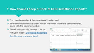 9. How Should I Keep a Track of COD Remittance Reports? 
 You can always check the same in AVN dashboard 
 Please maintain an excel sheet with all the orders that have been delivered, 
along with the tracking number. 
 This will help you tally the report shared 
with your report . Download the sample 
Remittance cycle excel sheet 
 