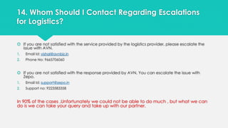 14. Whom Should I Contact Regarding Escalations 
for Logistics? 
 If you are not satisfied with the service provided by the logistics provider, please escalate the 
issue with AVN. 
1. Email Id: vishal@avnbiz.in 
2. Phone No: 9665706060 
 If you are not satisfied with the response provided by AVN, You can escalate the issue with 
Zepo. 
1. Email Id: support@zepo.in 
2. Support no: 9223583358 
In 90% of the cases ,Unfortunately we could not be able to do much , but what we can 
do is we can take your query and take up with our partner. 
 