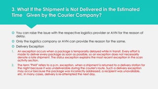 3. What If the Shipment is Not Delivered in the Estimated 
Time Given by the Courier Company? 
 You can raise the issue with the respective logistics provider or AVN for the reason of 
delay. 
 Only the logistics company or AVN can provide the reason for the same. 
 Delivery Exception 
1. An exception occurs when a package is temporarily delayed while in transit. Every effort is 
made to deliver every package as soon as possible, so an exception does not necessarily 
denote a late shipment. The status exception explains the most recent exception in the scan 
activity section. 
2. The term "PMX" refers to a p.m. exception, when a shipment is returned to a delivery station for 
the night because it was undeliverable during the courier's route. Such a delivery exception 
may occur because the package was incorrectly addressed, a recipient was unavailable, 
etc. In many cases, delivery is re-attempted the next day. 
 