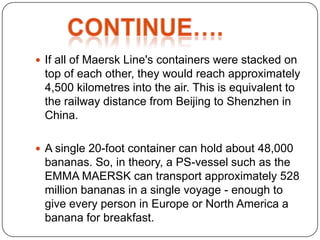  If all of Maersk Line's containers were stacked on
 top of each other, they would reach approximately
 4,500 kilometres into the air. This is equivalent to
 the railway distance from Beijing to Shenzhen in
 China.

 A single 20-foot container can hold about 48,000
 bananas. So, in theory, a PS-vessel such as the
 EMMA MAERSK can transport approximately 528
 million bananas in a single voyage - enough to
 give every person in Europe or North America a
 banana for breakfast.
 