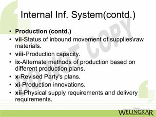 Internal Inf. System(contd.)
• Production (contd.)
• vii-Status of inbound movement of suppliesraw
  materials.
• viii-Production capacity.
• ix-Alternate methods of production based on
  different production plans.
• x-Revised Party's plans.
• xi-Production innovations.
• xii-Physical supply requirements and delivery
  requirements.
 