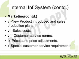 Internal Inf.System (contd.)
• Marketing(contd.)
• vi-New Product introduced and sales
  production plans.
• vii-Sales costs.
• viii-Customer service norms.
• ix-Prices and price adjustments.
• x-Special customer service requirements.
 