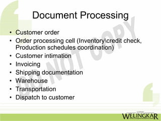 Document Processing
• Customer order
• Order processing cell (Inventorycredit check,
  Production schedules coordination)
• Customer intimation
• Invoicing
• Shipping documentation
• Warehouse
• Transportation
• Dispatch to customer
 