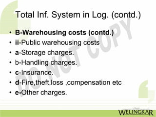 Total Inf. System in Log. (contd.)
•   B-Warehousing costs (contd.)
•   ii-Public warehousing costs
•   a-Storage charges.
•   b-Handling charges.
•   c-Insurance.
•   d-Fire,theft,loss ,compensation etc
•   e-Other charges.
 