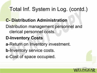 Total Inf. System in Log. (contd.)
C- Distribution Administration
Distribution management personnel and
  clerical personnel costs.
D-Inventory Costs
a-Return on Inventory investment.
b-Inventory service costs.
c-Cost of space occupied.
 