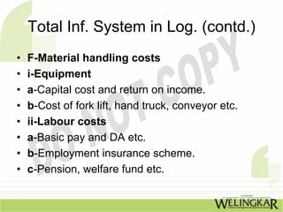 Total Inf. System in Log. (contd.)
•   F-Material handling costs
•   i-Equipment
•   a-Capital cost and return on income.
•   b-Cost of fork lift, hand truck, conveyor etc.
•   ii-Labour costs
•   a-Basic pay and DA etc.
•   b-Employment insurance scheme.
•   c-Pension, welfare fund etc.
 