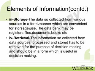 Elements of Information(contd.)
• iii-Storage-The data so collected from various
  sources in a formmanner which are convenient
  for storsageuse.The data bank may be
  registers,files,documents,books etc
• iv-Retrieval-The information so collected from
  data sources, processed and stored has to be
  retrieved for the purpose of decision making,
  and should be in a form which is useful in
  decision making.
 