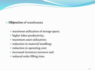  Objective of warehouses
 maximum utilization of storage space;
 higher labor productivity;
 maximum asset utilization;
 reduction in material handling;
 reduction in operating cost;
 increased inventory turnover and
 reduced order filling time.
27
 