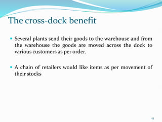 The cross-dock benefit
 Several plants send their goods to the warehouse and from
the warehouse the goods are moved across the dock to
various customers as per order.
 A chain of retailers would like items as per movement of
their stocks
43
 