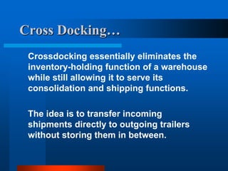 Cross Docking…
Crossdocking essentially eliminates the
inventory-holding function of a warehouse
while still allowing it to serve its
consolidation and shipping functions.
The idea is to transfer incoming
shipments directly to outgoing trailers
without storing them in between.

 