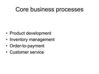 Core business processes


•   Product development
•   Inventory management
•   Order-to-payment
•   Customer service
 
