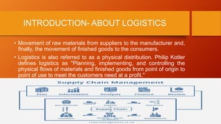 INTRODUCTION- ABOUT LOGISTICS
• Movement of raw materials from suppliers to the manufacturer and,
finally, the movement of finished goods to the consumers.
• Logistics is also referred to as a physical distribution. Philip Kotler
defines logistics as "Planning, implementing, and controlling the
physical flows of materials and finished goods from point of origin to
point of use to meet the customers need at a profit."
 