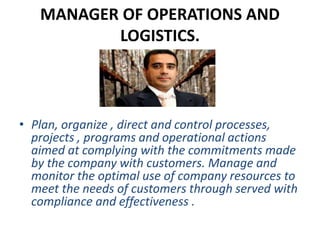 MANAGER OF OPERATIONS AND
LOGISTICS.
• Plan, organize , direct and control processes,
projects , programs and operational actions
aimed at complying with the commitments made
by the company with customers. Manage and
monitor the optimal use of company resources to
meet the needs of customers through served with
compliance and effectiveness .
 