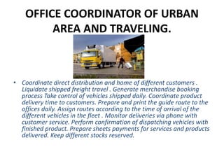 OFFICE COORDINATOR OF URBAN
AREA AND TRAVELING.
• Coordinate direct distribution and home of different customers .
Liquidate shipped freight travel . Generate merchandise booking
process Take control of vehicles shipped daily. Coordinate product
delivery time to customers. Prepare and print the guide route to the
offices daily. Assign routes according to the time of arrival of the
different vehicles in the fleet . Monitor deliveries via phone with
customer service. Perform confirmation of dispatching vehicles with
finished product. Prepare sheets payments for services and products
delivered. Keep different stocks reserved.
 